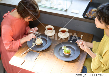 カフェでケーキを食べる二人の女性 カフェでケーキを食べる二人の女性 114479680