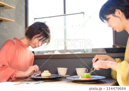カフェでケーキを食べる二人の女性 カフェでケーキを食べる二人の女性 114479684