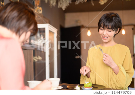 カフェでケーキを食べる二人の女性 カフェでケーキを食べる二人の女性 114479709