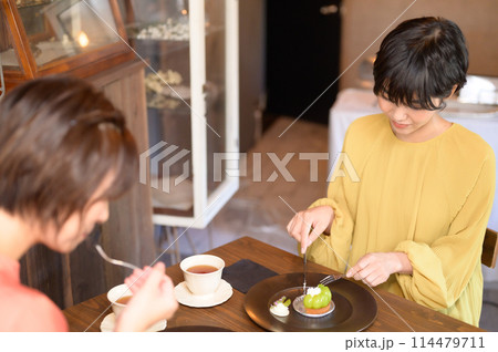 カフェでケーキを食べる二人の女性　 114479711