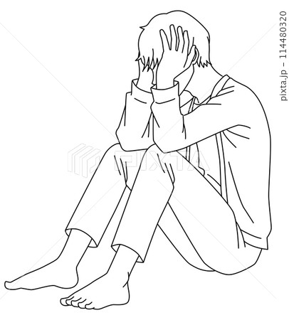 頭を抱えて体育座りで悩んでいる男性線画 114480320