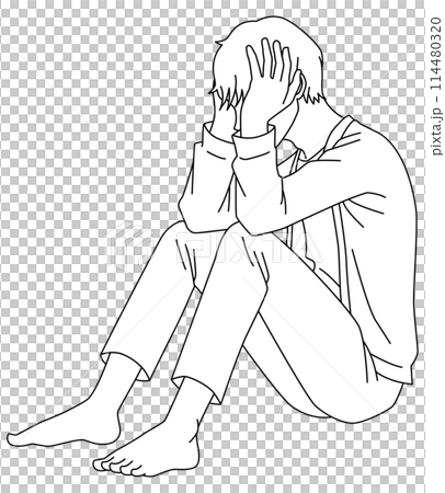 頭を抱えて体育座りで悩んでいる男性線画 114480320