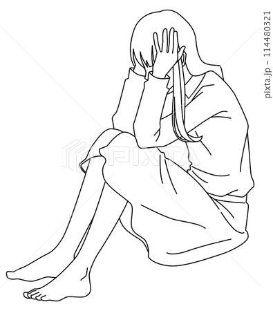 頭を抱えて体育座りで悩んでいる女性線画 114480321