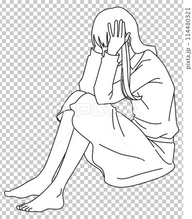 頭を抱えて体育座りで悩んでいる女性線画 114480321