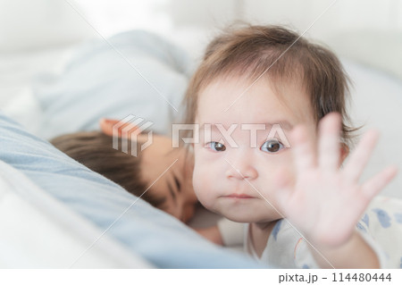 寝起き 昼寝 赤ちゃん 兄弟 仲良し 114480444