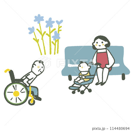 屋外で赤ちゃんに声をかける車椅子のシニアと興味を持つ赤ちゃん　イラスト素材 114480694