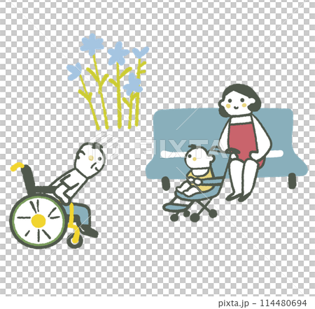 屋外で赤ちゃんに声をかける車椅子のシニアと興味を持つ赤ちゃん　イラスト素材 114480694