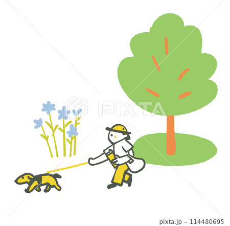 屋外を気持ちよさそうに犬を散歩させる人　イラスト素材 114480695