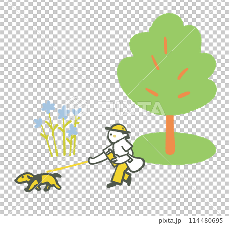 屋外を気持ちよさそうに犬を散歩させる人　イラスト素材 114480695