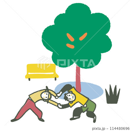 屋外で気持ちよさそうにストレッチする人　イラスト素材 114480696
