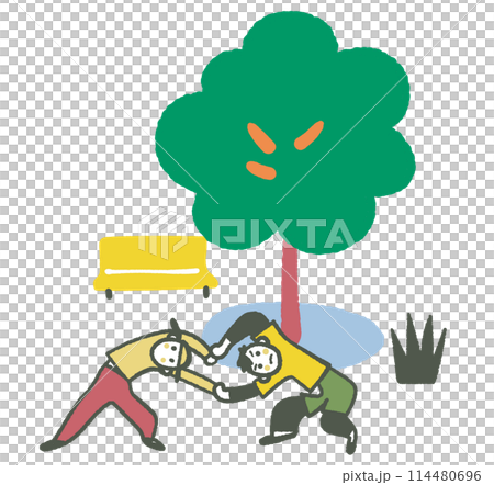 屋外で気持ちよさそうにストレッチする人　イラスト素材 114480696