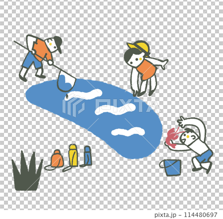 Children happily fishing for crayfish Illustration 114480697
