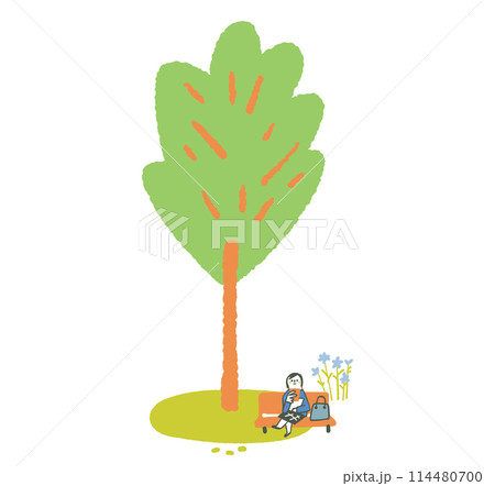 若葉茂る大木の木陰でスマホを見ながら寛ぐ学生　イラスト素材 114480700