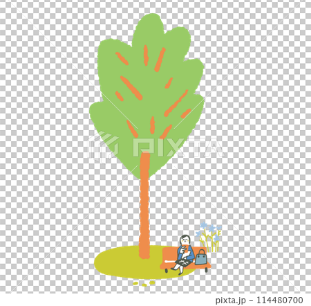 一名學生在長著嫩葉的大樹蔭下看著智慧型手機放鬆。 一名學生在長著嫩葉的大樹蔭下看著智慧型手機放鬆。 114480700