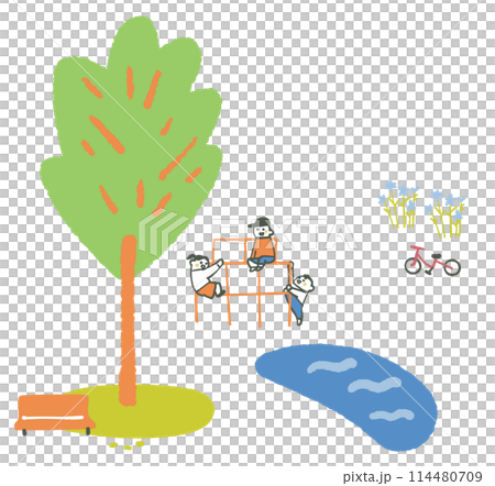 池のある公園でジャングルジムで遊ぶ子供たち　イラスト素材 114480709