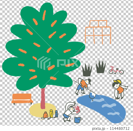 茂った大木のある公園の池でザリガニ釣りをする子供たち　イラスト素材 114480712