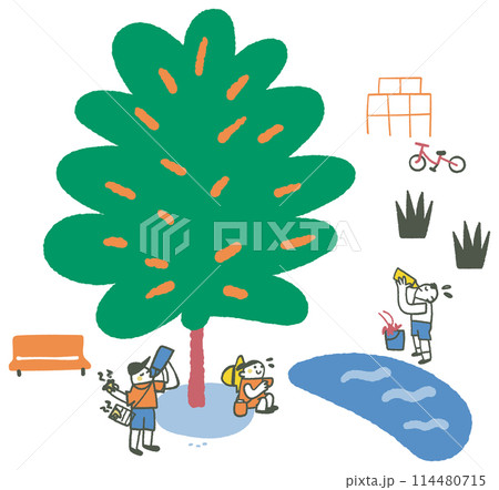 茂った大木の木陰で水分補給をする子供たち　イラスト素材 114480715