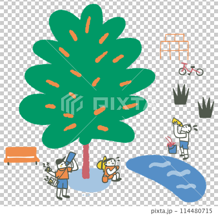 茂った大木の木陰で水分補給をする子供たち　イラスト素材 114480715