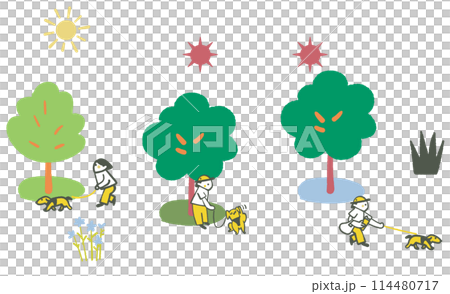 一組從初夏到盛夏人們悠閒遛狗的插畫素材 一組從初夏到盛夏人們悠閒遛狗的插畫素材 114480717