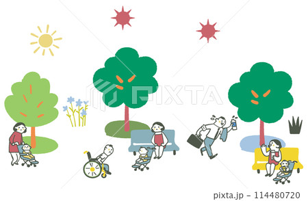 初夏から真夏にかけて気持ちよさそうに赤ちゃんと過ごす母親　イラスト素材のセット 114480720