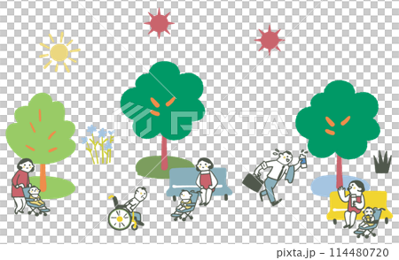 一組初夏到盛夏媽媽與寶寶幸福相處的插畫素材 114480720