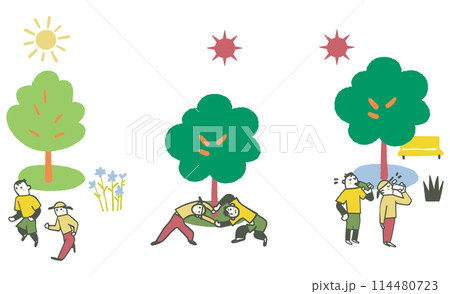 初夏から真夏にかけて気持ちよさそうに運動するカップル　イラスト素材のセット 114480723