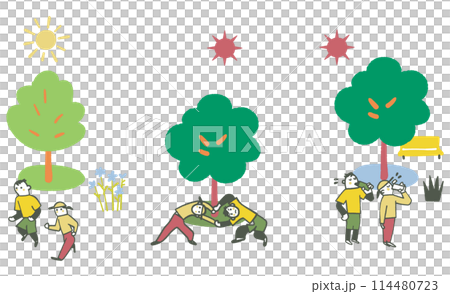 初夏から真夏にかけて気持ちよさそうに運動するカップル　イラスト素材のセット 114480723