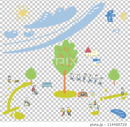 People preparing for the summer heat by playing sports and taking walks in a park with large trees Heat acclimatization Set of illustrations People preparing for the summer heat by playing sports and taking walks in a park with large trees Heat acclimatization Set of illustrations 114480729