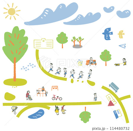 大きな木のある公園でスポーツや散歩をして夏の暑さに備える人々　暑熱順化　イラスト素材のセット 114480732