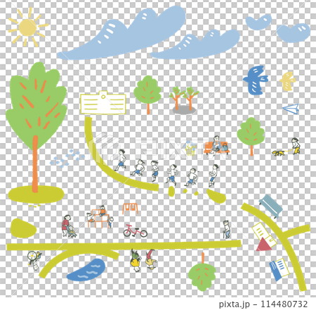 人們透過在有大樹的公園裡進行運動和散步來準備夏季炎熱。 114480732