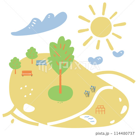 日光が降り注ぐ春または初夏の大きな木のある公園　イラスト素材 114480737