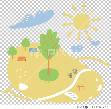 日光が降り注ぐ春または初夏の大きな木のある公園　イラスト素材 114480737