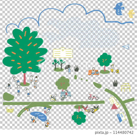 People playing sports and taking walks in the shade of a large tree on a hot summer day. Heat stroke prevention. Set of illustrations People playing sports and taking walks in the shade of a large tree on a hot summer day. Heat stroke prevention. Set of illustrations 114480742