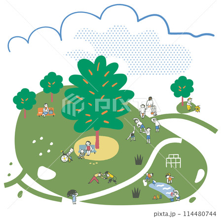 熱い夏の日大きな木の木陰でスポーツしたり散策する人々 熱中症対策 イラスト素材のセット 熱い夏の日大きな木の木陰でスポーツしたり散策する人々 熱中症対策 イラスト素材のセット 114480744