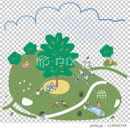 People playing sports and taking walks in the shade of a large tree on a hot summer day. Heat stroke prevention. Set of illustrations 114480744