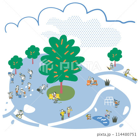 熱い夏の日大きな木の木陰で水分補給する人々　熱中症対策　イラスト素材のセット 114480751