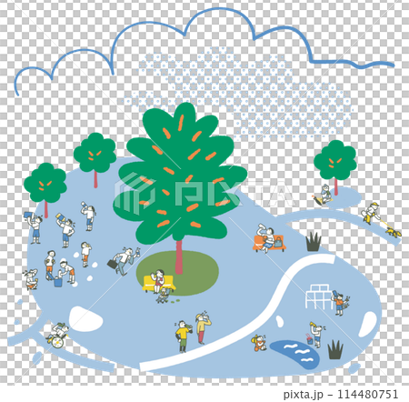 熱い夏の日大きな木の木陰で水分補給する人々　熱中症対策　イラスト素材のセット 114480751