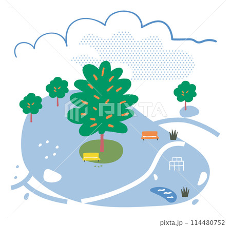 大きな木のある公園の清涼な日　イラスト素材 114480752