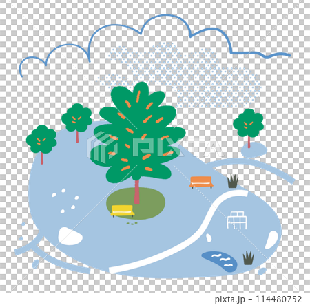 大きな木のある公園の清涼な日　イラスト素材 114480752