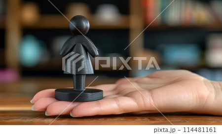 Close-up of woman hand resting on wooden table, holding black wooden statue of woman, Evokes mystery and artistic intrigue, Generative AI 114481161