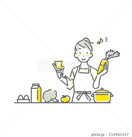 安心な食材で料理を楽しむ若い女性　シンプルでお洒落な線画 114481417