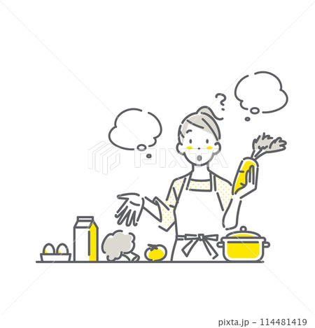 食材に疑問を持つ若い女性　シンプルでお洒落な線画イラスト 114481419