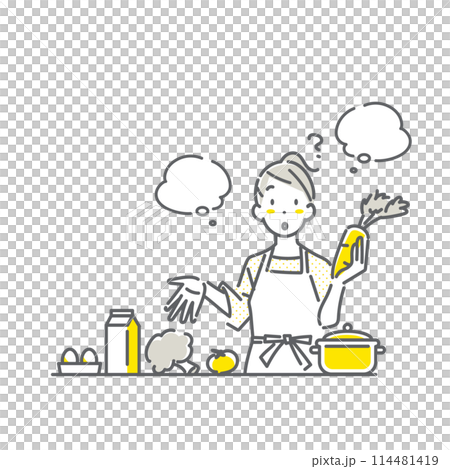 食材に疑問を持つ若い女性　シンプルでお洒落な線画イラスト 114481419