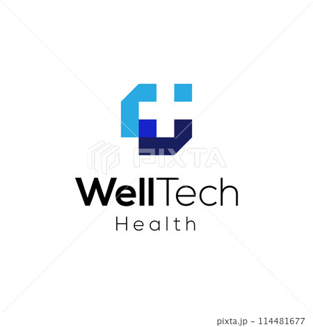 Pixel care logo concept, Health technology logo design vector template Pixel care logo concept, Health technology logo design vector template 114481677