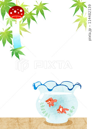 暑中見舞い、ポストカード、はがき、風鈴、青紅葉、金魚、かわいい、イラスト、背景、縦 114482139