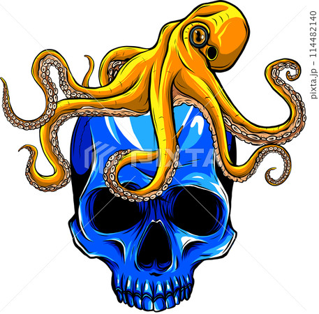 vector illustration of green kraken with red skull on white background. digital draw 114482140