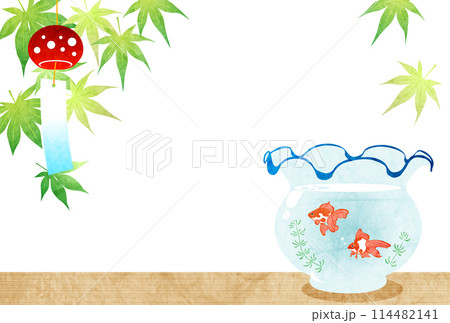 暑中見舞い、ポストカード、はがき、風鈴、青紅葉、金魚、かわいい、イラスト、背景、横 114482141
