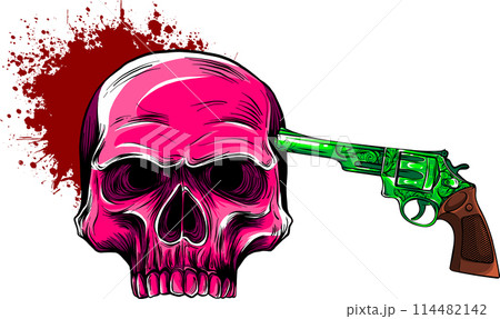 human skull with pistol and blood on white background human skull with pistol and blood on white background 114482142