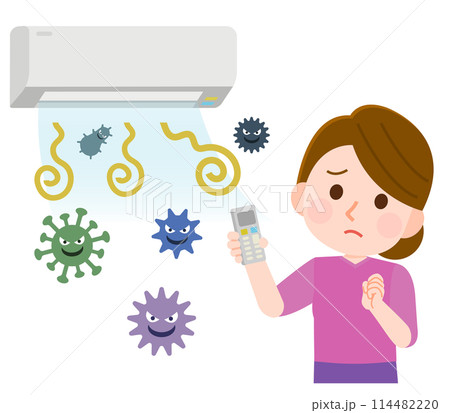 嫌なにおいとカビが出てくるエアコンと困る女性 イラスト 嫌なにおいとカビが出てくるエアコンと困る女性 イラスト 114482220