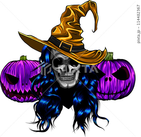 vector illustration of skull witch with pumpkin on white background 114482367